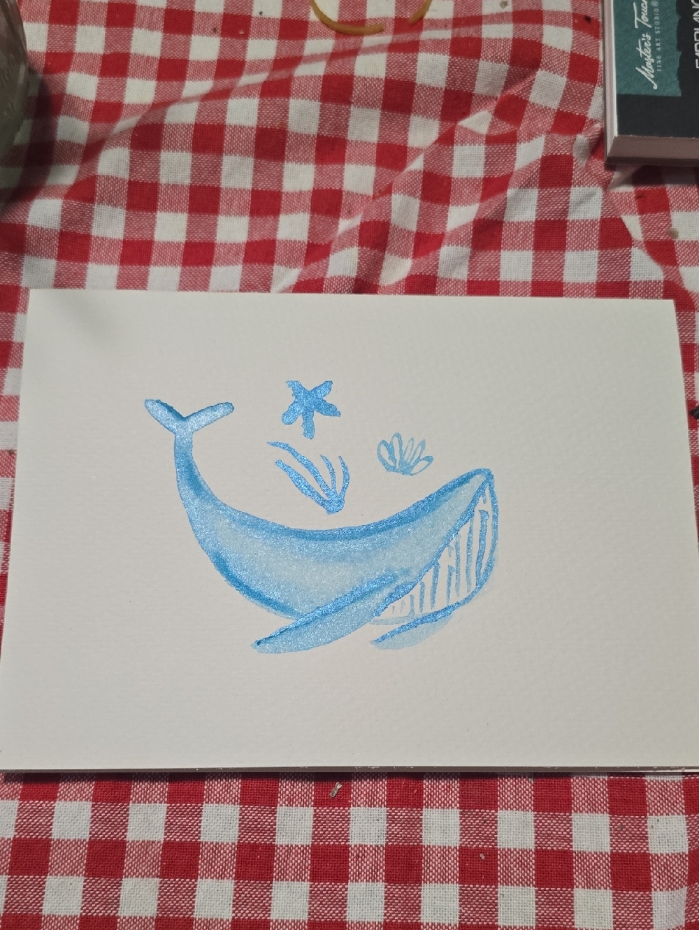 Handmade Blue Whale Watercolor Illustration CARD
